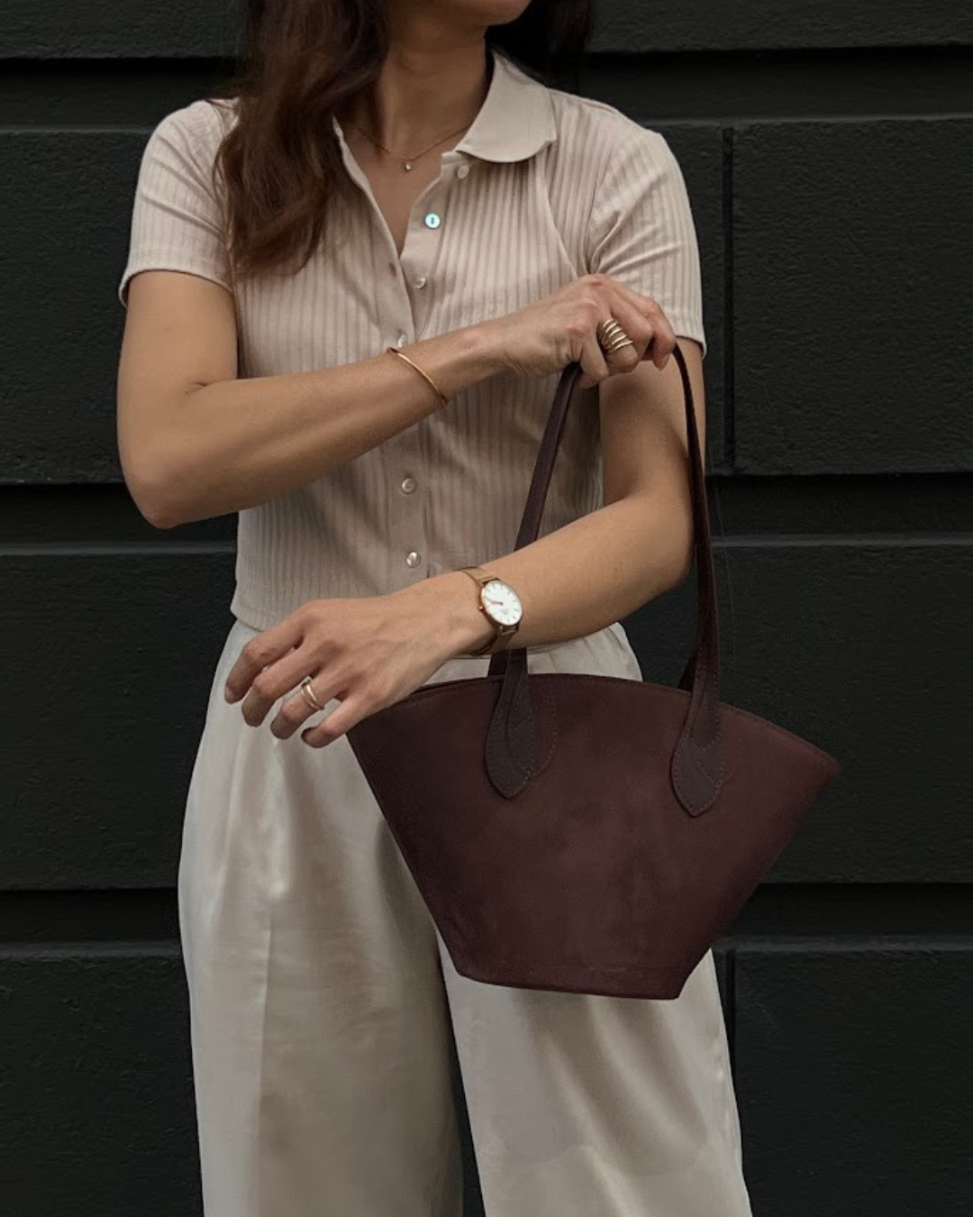 Carolyn Suede Tote Bag - Dark Brown